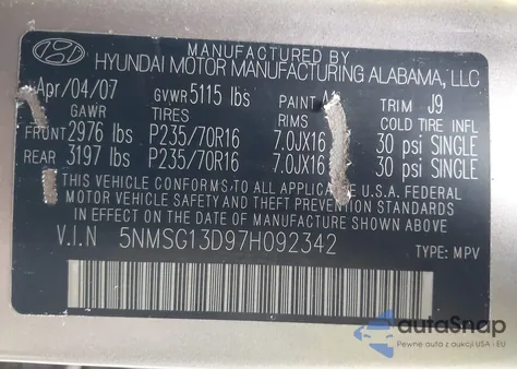 2007 Hyundai Santa Fe Gls z USA, uszkodzony, nr VIN 5NMSG13D97H092342